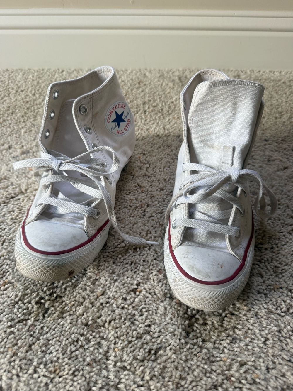 Converse White High Top Sneakers with Red Trim